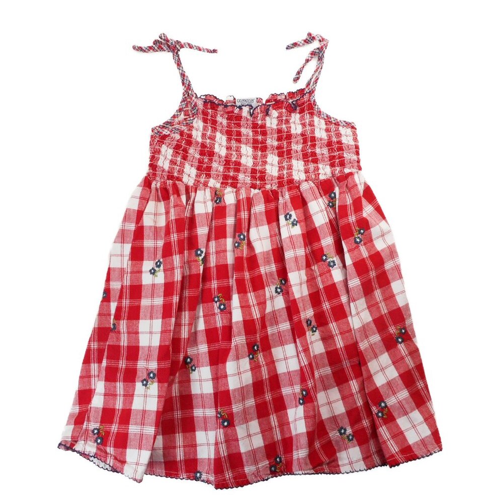 OshKosh Red Gingham Plaid Smocked Top Sz 6 Girls Floral Picnic Embroidered